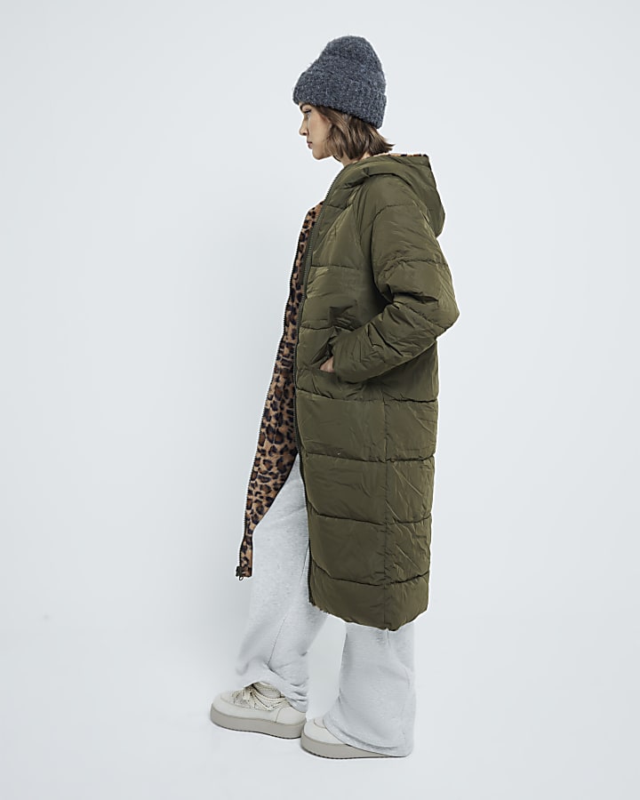 Khaki Leopard Reversible Midi Puffer Jacket