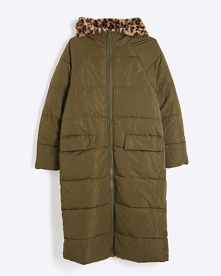 Khaki Leopard Reversible Midi Puffer Jacket