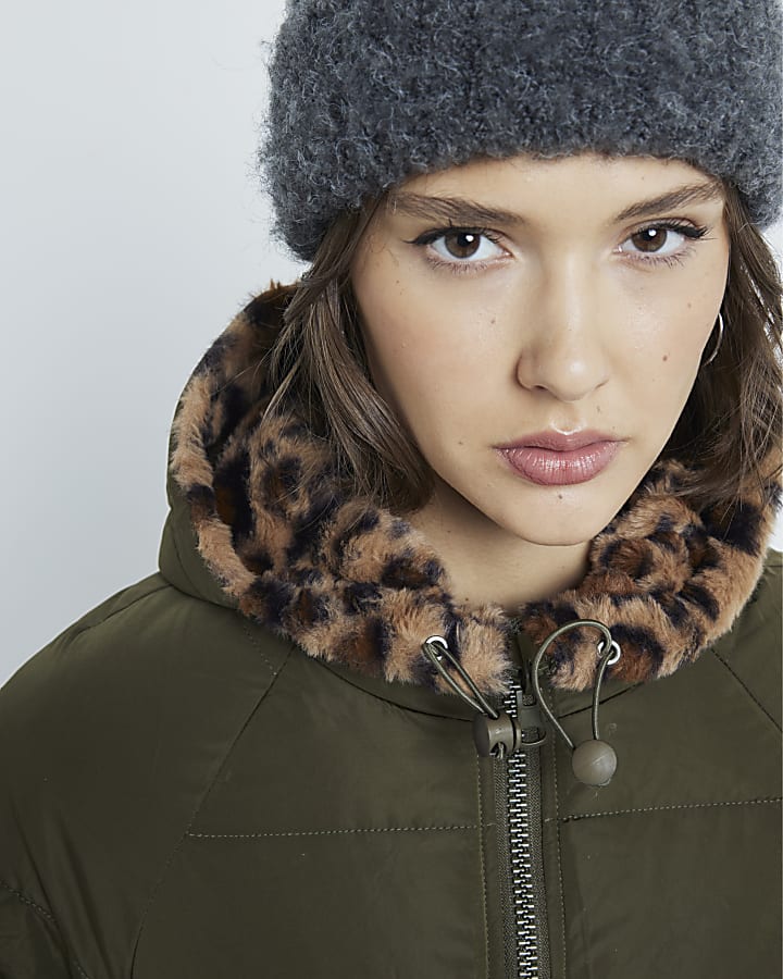 Khaki Leopard Reversible Midi Puffer Jacket