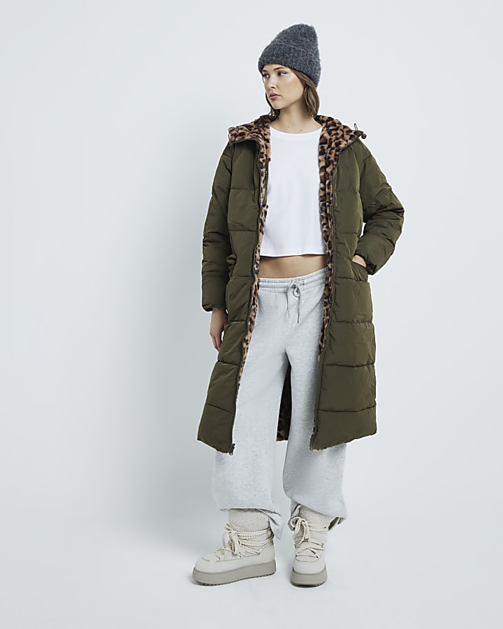 Khaki Leopard Reversible Midi Puffer Jacket