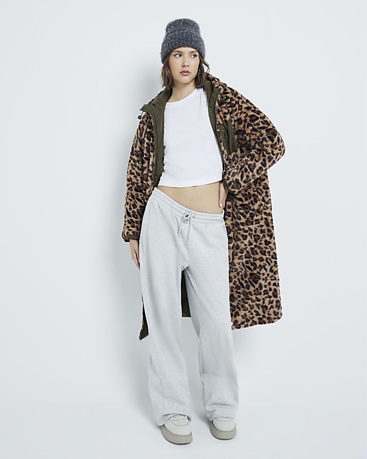 Khaki Leopard Reversible Midi Puffer Jacket