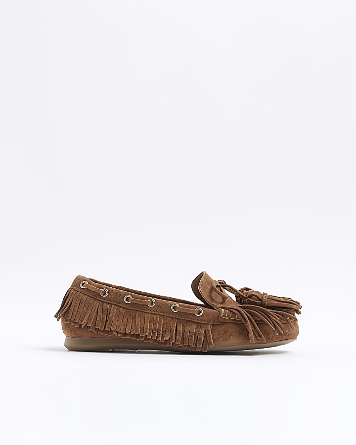 Brown Suede Fringed Loafers