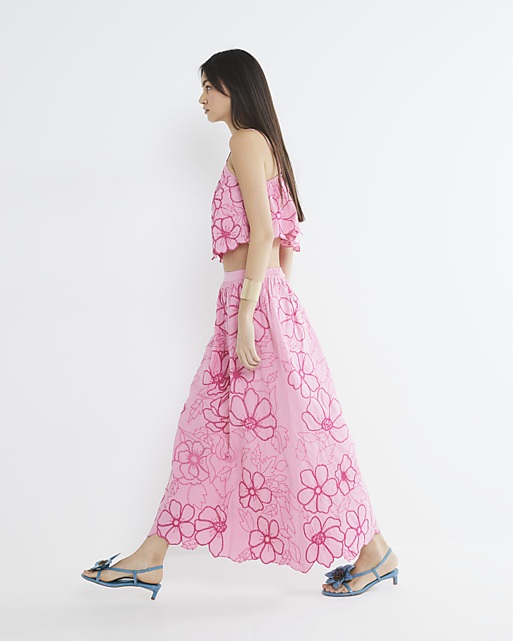 Pink Floral Broderie Cutwork Midi Skirt