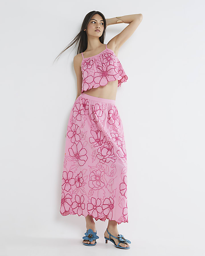 Pink Floral Broderie Cutwork Midi Skirt