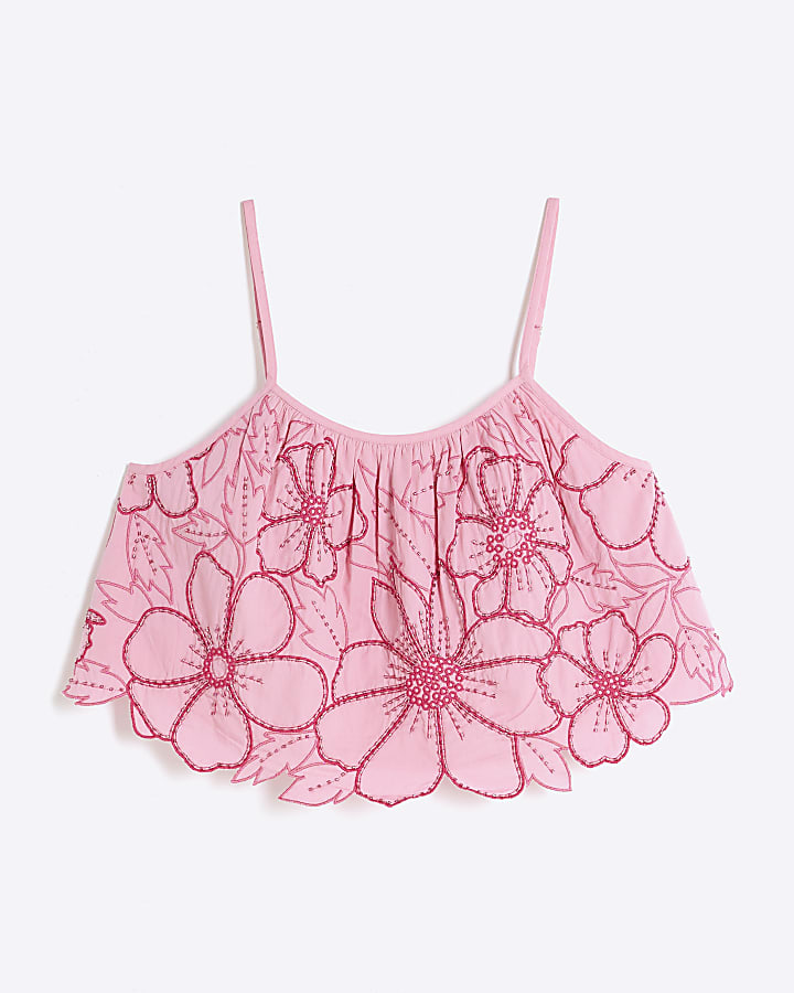 Pink Cropped Floral Embroidered Cami Top