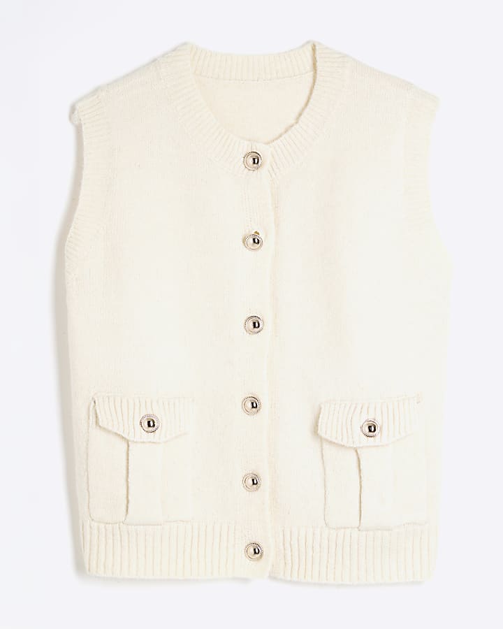 Cream Sleeveless Buttoned Cardigan