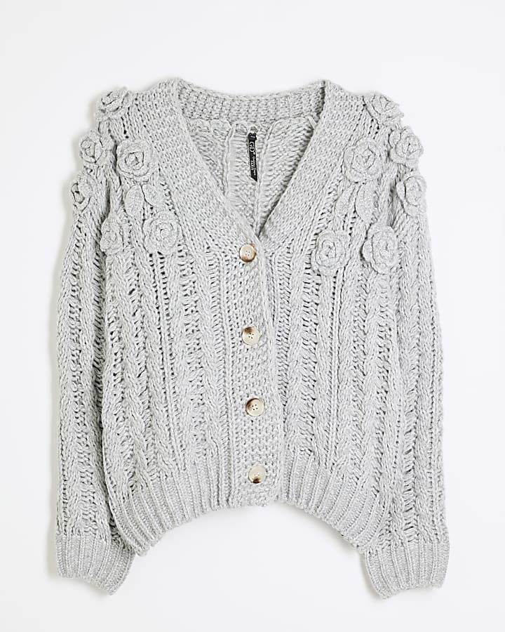 Grey Long Sleeved 3D Floral Cardigan