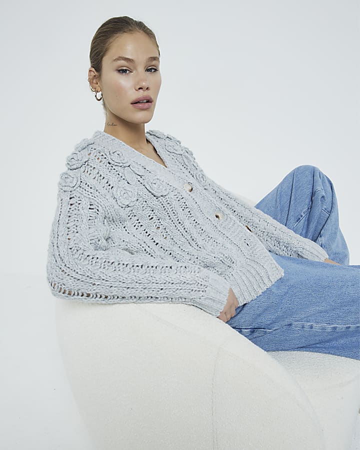 Grey Long Sleeved 3D Floral Cardigan