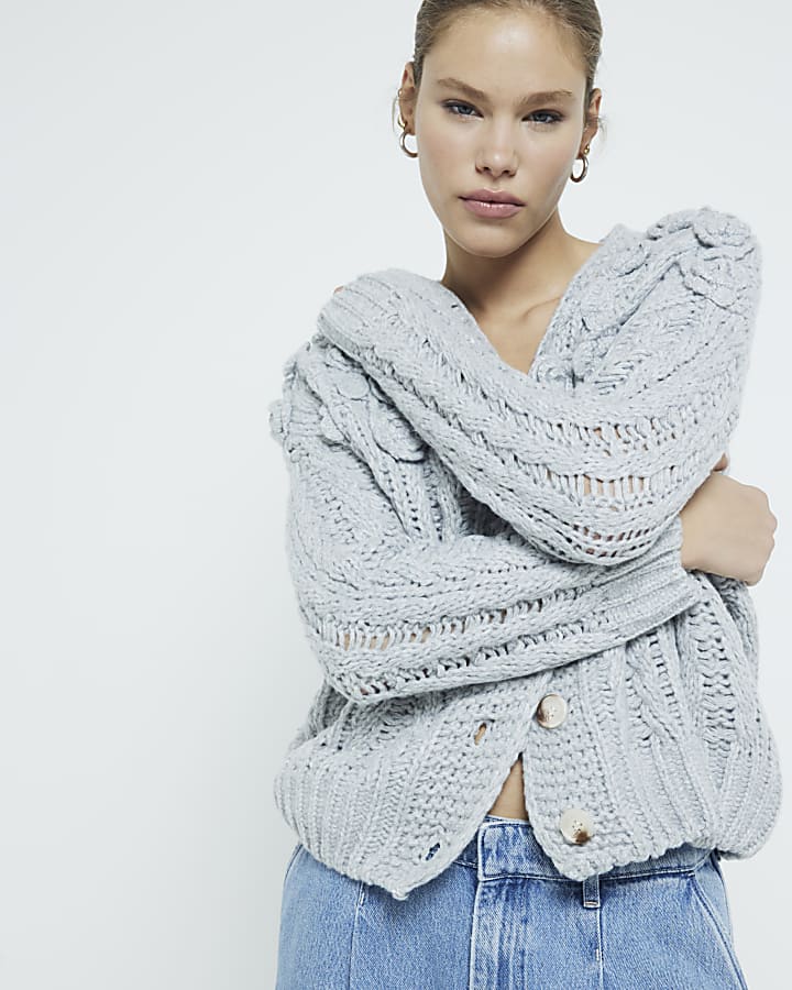 Grey Long Sleeved 3D Floral Cardigan
