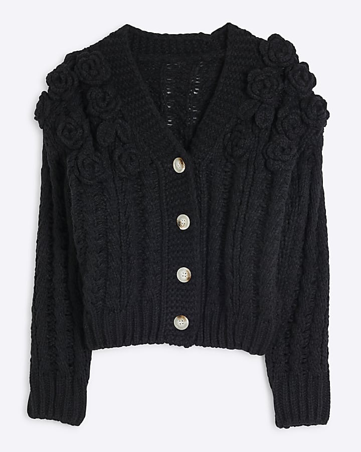 Black Long Sleeved 3D Floral Cardigan