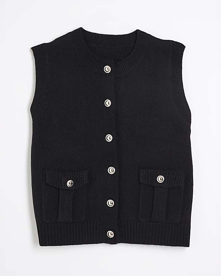 Black Sleeveless Buttoned Knit Vest