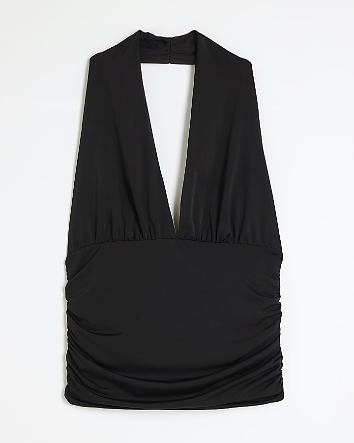 Black Sleeveless Halter Neck Ruched Top