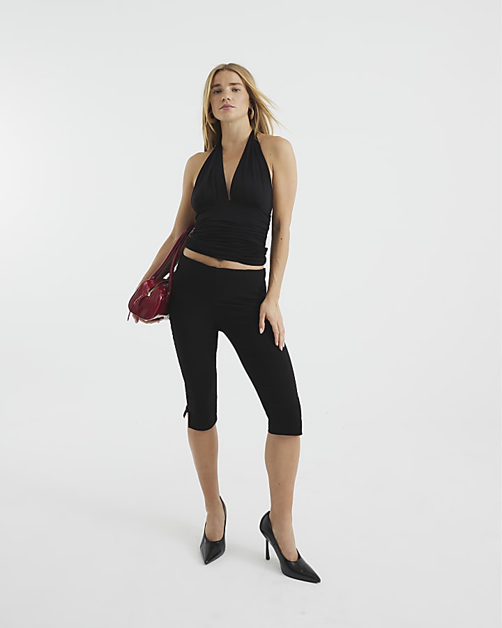 Black Sleeveless Halter Neck Ruched Top