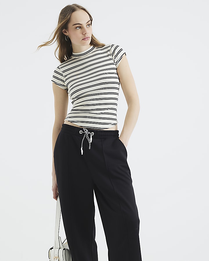 Black Cap Sleeve Stripe High Neck Top