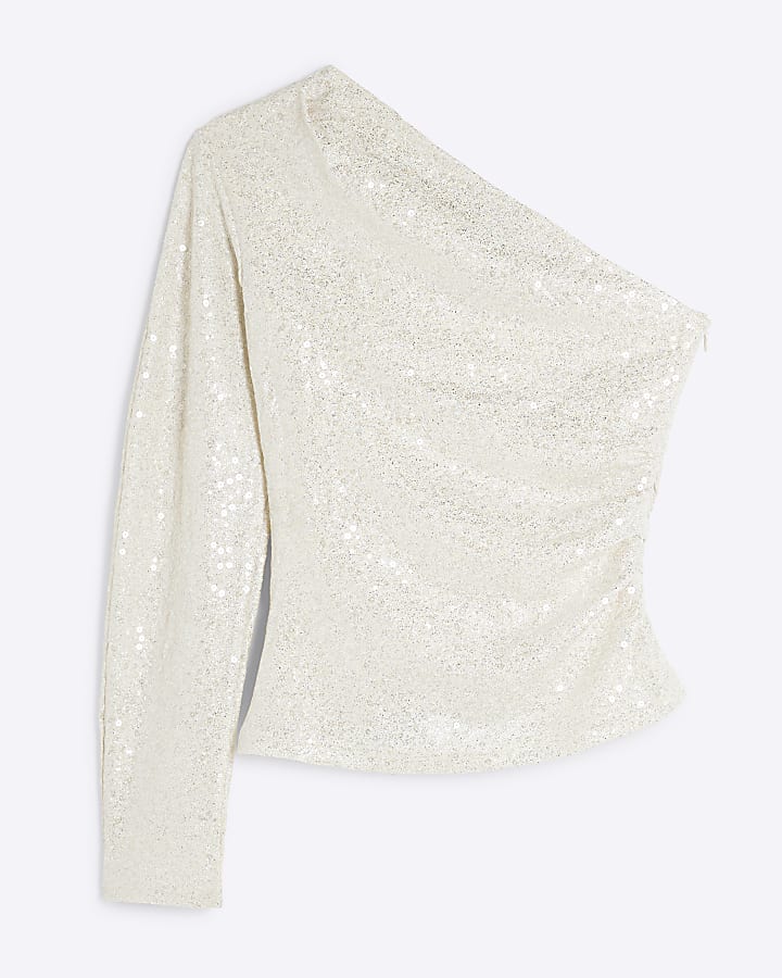 Cream One Shoulder Sequin Top