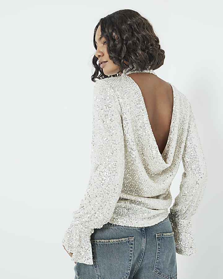 Silver Long Sleeve Sequin Open Back Top