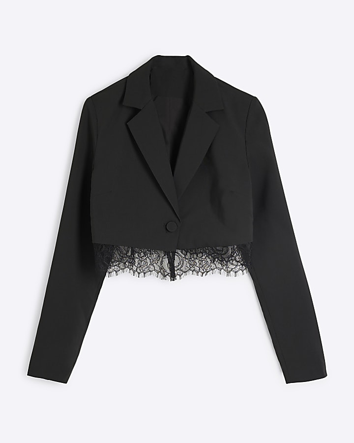 Black Long Sleeve Lace Hem Cropped Blazer