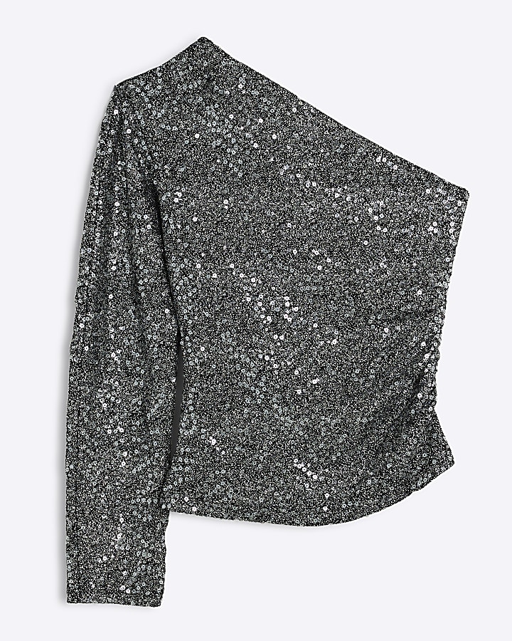 Black One Shoulder Sequin Top