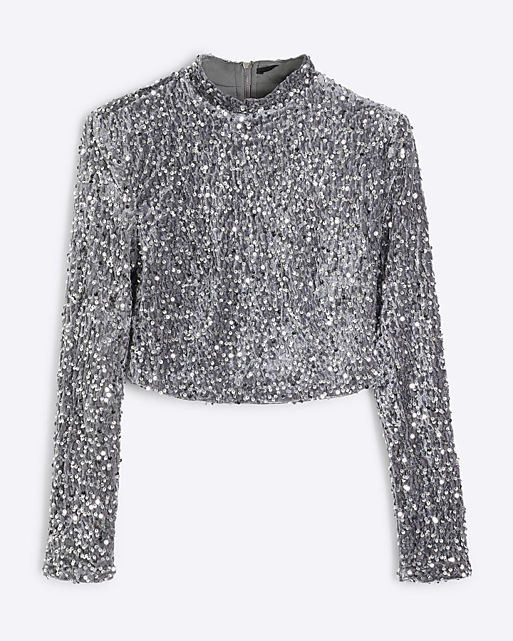 Grey Long Sleeve Sequin Crop Top