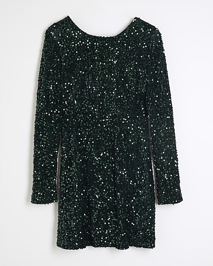 Green Long Sleeved Sequin Mini Dress