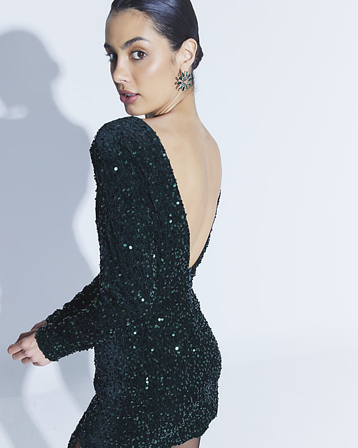 Green Long Sleeved Sequin Mini Dress