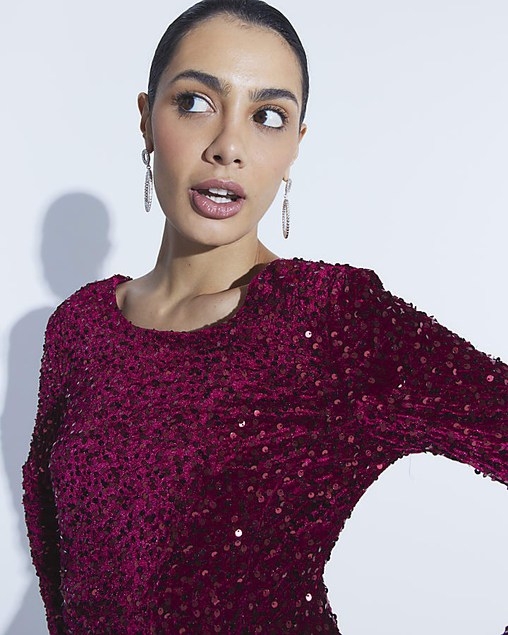 Red Long Sleeved Sequin Mini Dress