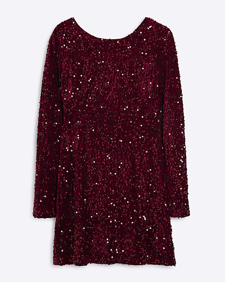Red Long Sleeved Sequin Mini Dress