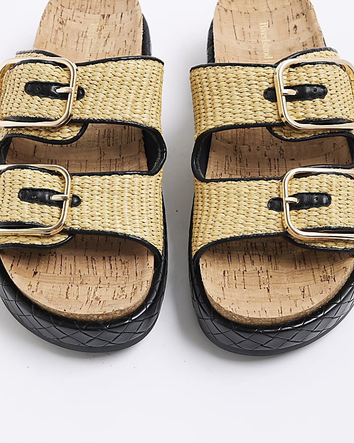 Beige Raffia Double Strap Footbed Sandals