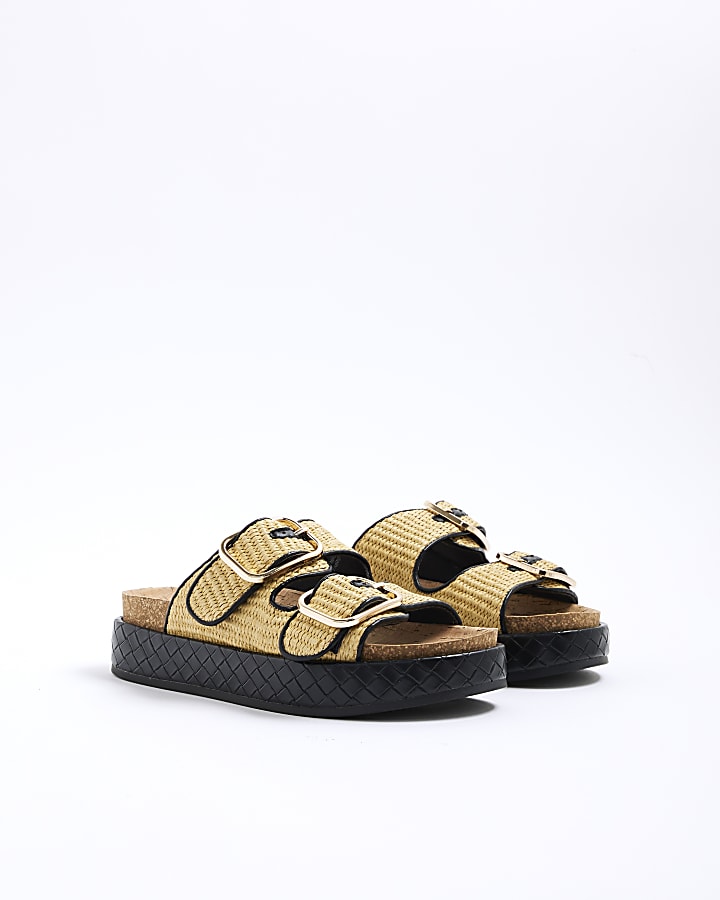 Beige Raffia Double Strap Footbed Sandals