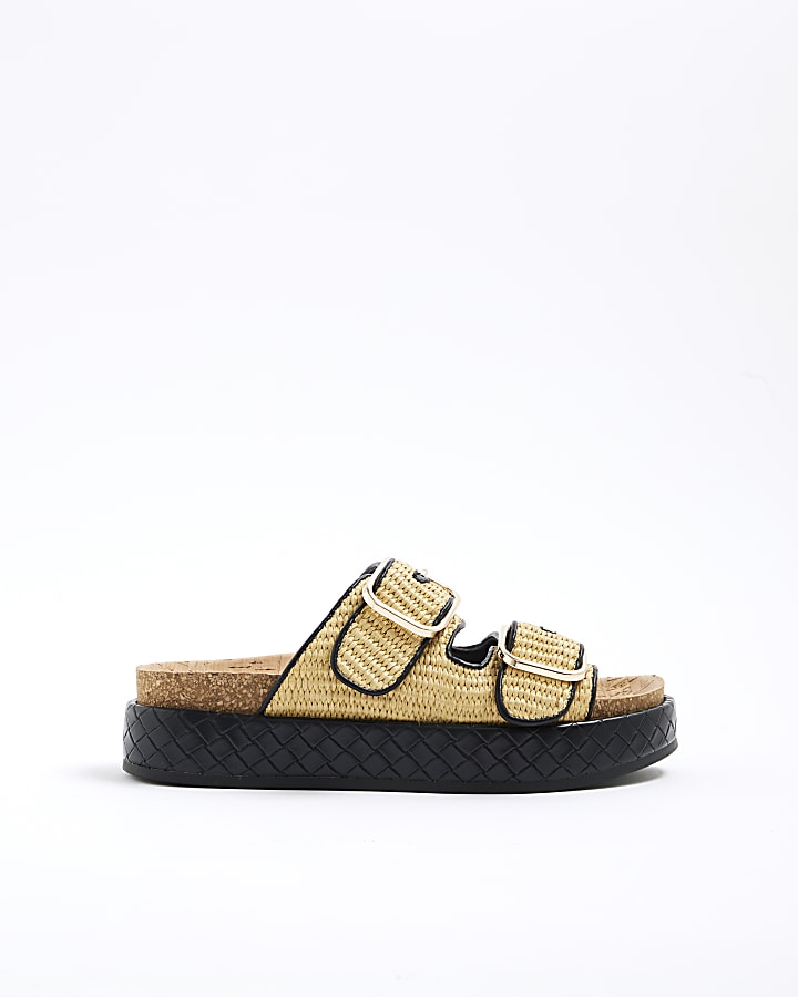 Beige Raffia Double Strap Footbed Sandals