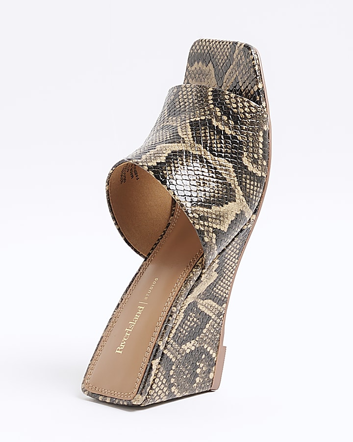 Beige Snake Square Toe Wedge Sandals