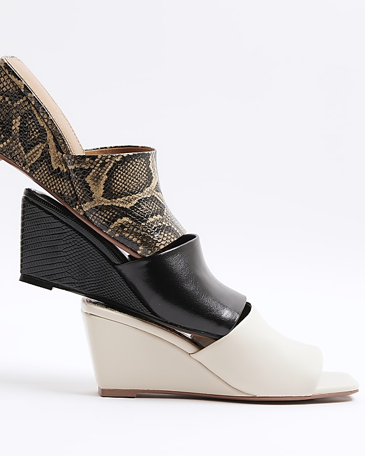 Beige Snake Square Toe Wedge Sandals