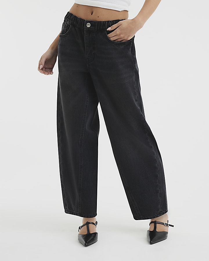 Petite Black Elasticated Barrel Jeans