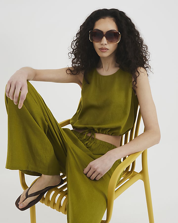 Lime Linen Blend Cut off Trousers