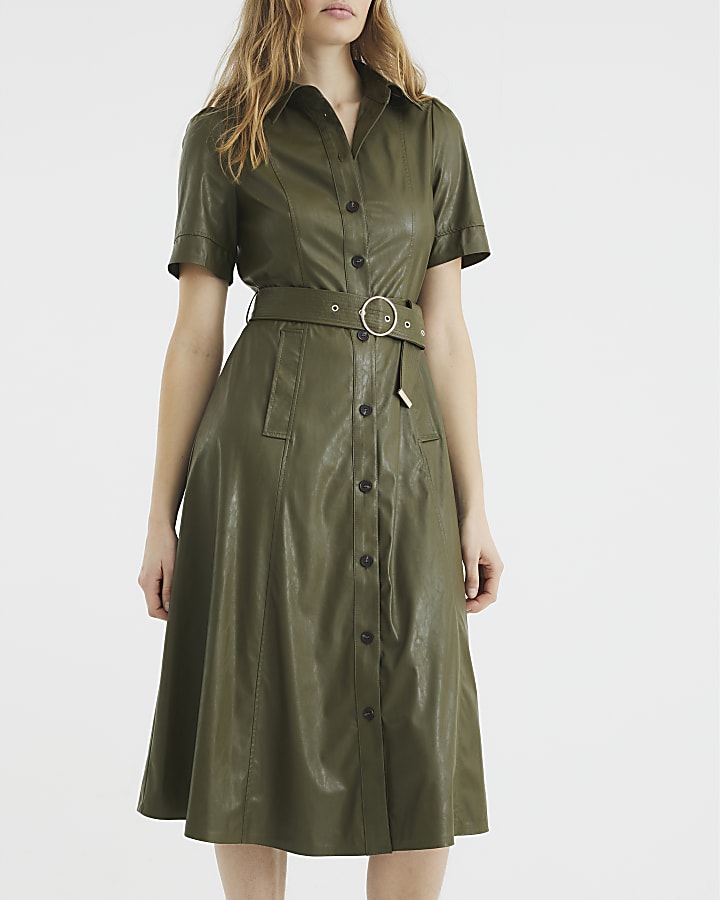 Khaki Faux Leather Midi Shirt Dress