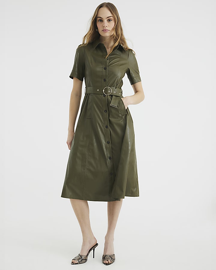 Khaki Faux Leather Midi Shirt Dress