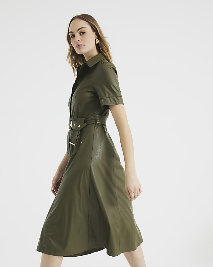 Khaki Faux Leather Midi Shirt Dress