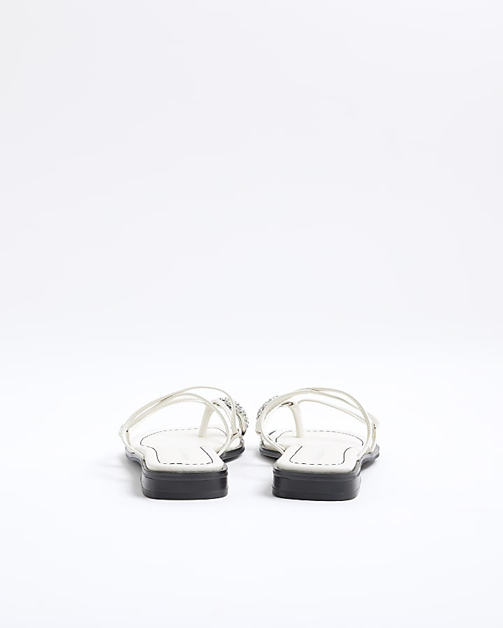 White Diamante Toe Loop Flat Sandals