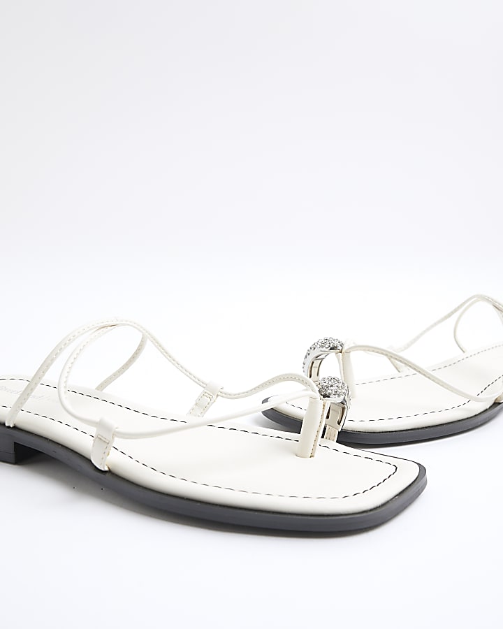 White Diamante Toe Loop Flat Sandals