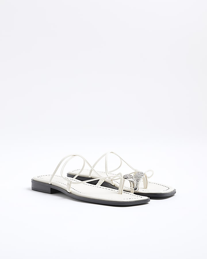 White Diamante Toe Loop Flat Sandals