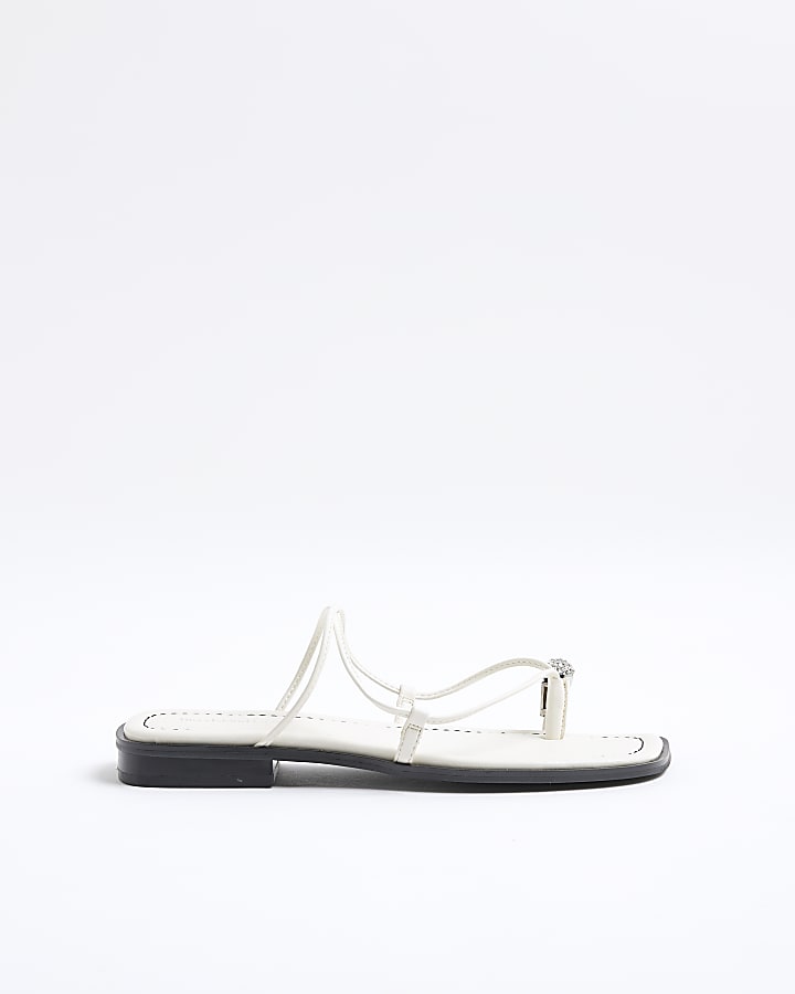 White Diamante Toe Loop Flat Sandals