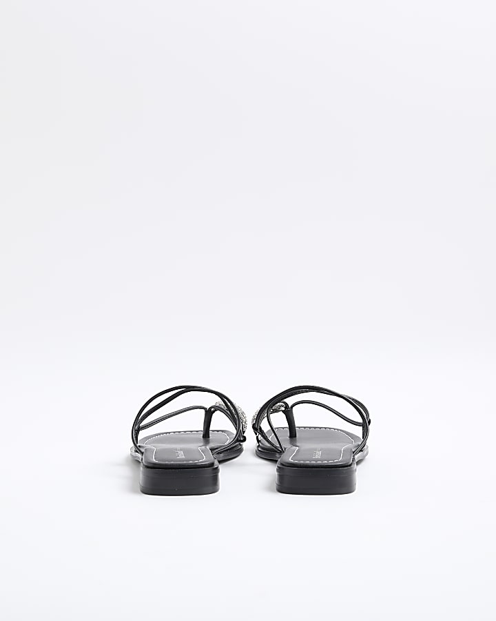 Black Diamante Toe Loop Flat Sandals