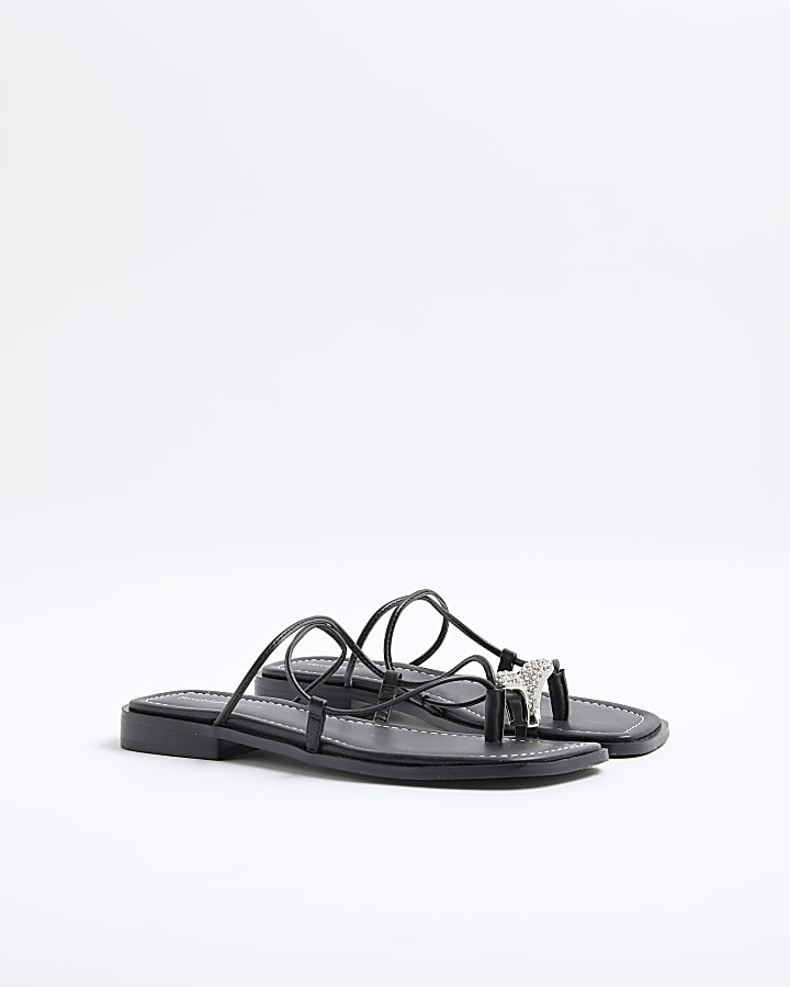 Black Diamante Toe Loop Flat Sandals