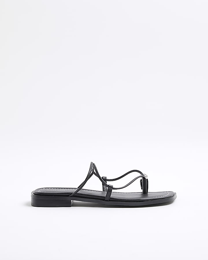 Black Diamante Toe Loop Flat Sandals