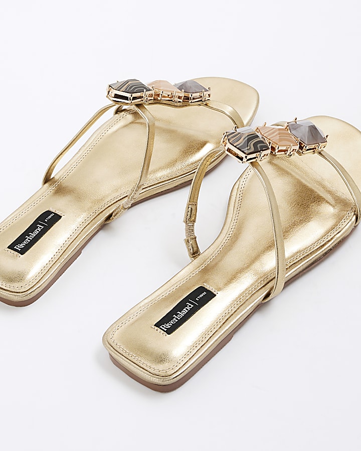 Gold Stone Beading Flat Sandals