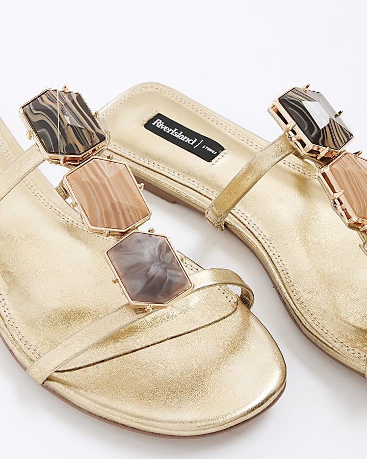 Gold Stone Beading Flat Sandals