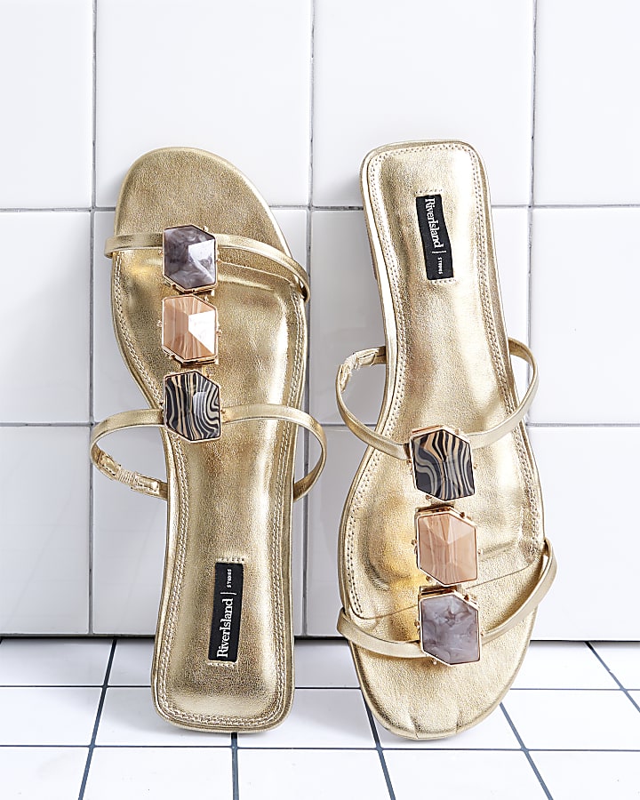 Gold Stone Beading Flat Sandals