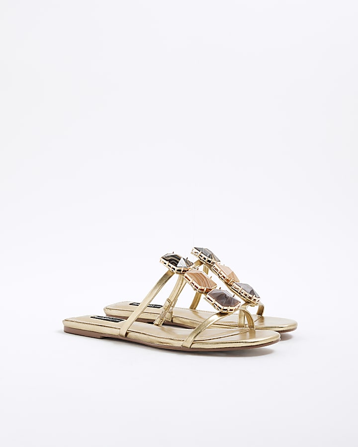 Gold Stone Beading Flat Sandals