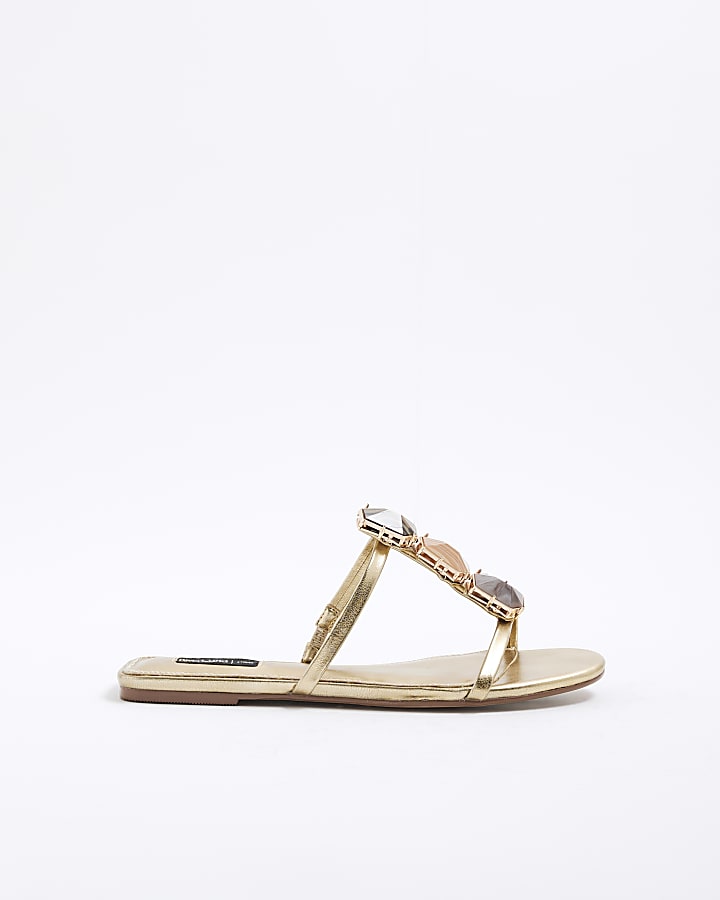 Gold Stone Beading Flat Sandals
