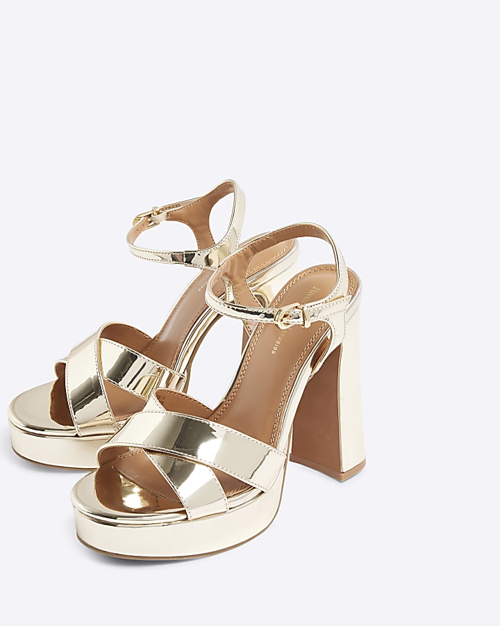 Gold Cross Over Strap Platform Heeled Sandals